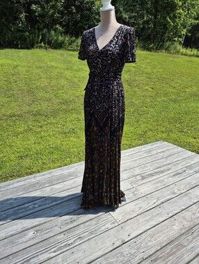 Patrons Of Peace Navy Blue Floral V-Neck Short Maxi Dress Size Medium